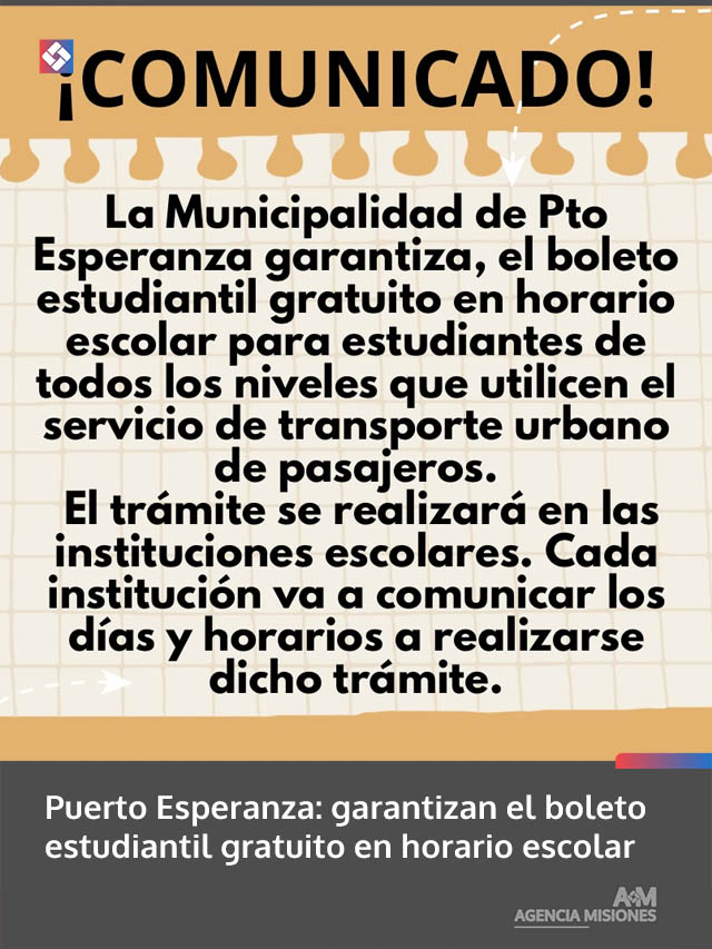 Puerto Esperanza: garantizan el boleto estudiantil gratuito en horario escolar