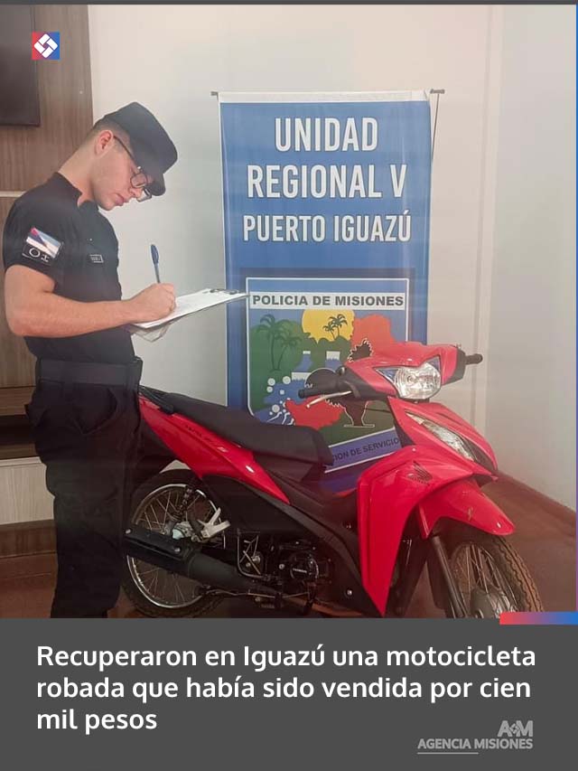 Recuperaron en Iguazú una motocicleta robada que había sido vendida por cien mil pesos