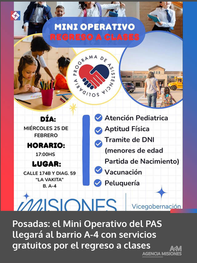 Posadas: el Mini Operativo del PAS llegará al barrio A-4 con servicios gratuitos por el regreso a clases