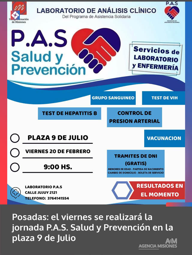 Posadas: el viernes se realizará la jornada P.A.S. Salud y Prevención en la plaza 9 de Julio