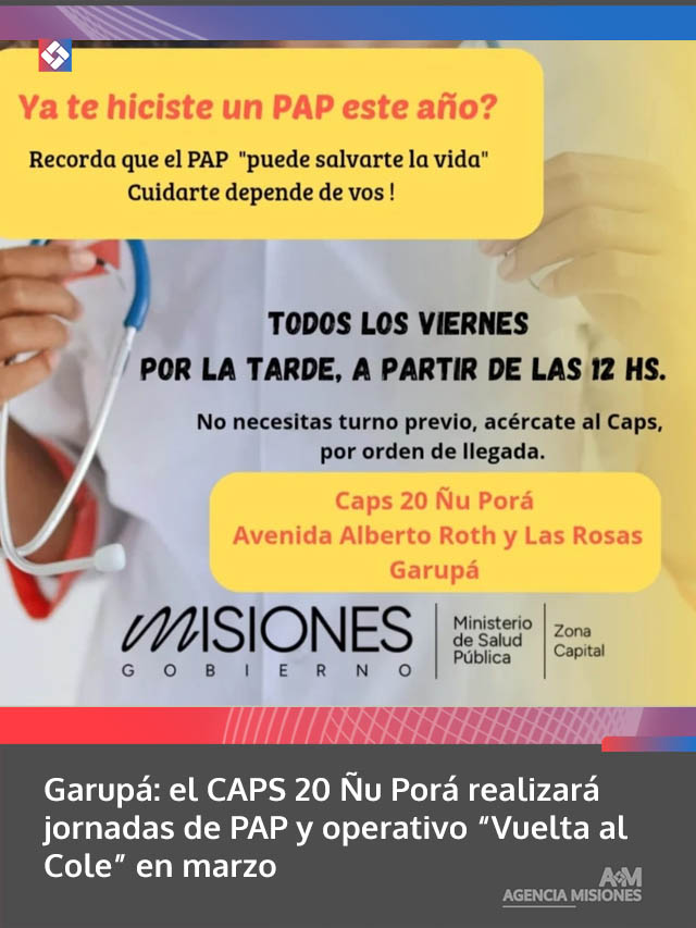Garupá: el CAPS 20 Ñu Porá realizará jornadas de PAP y operativo “Vuelta al Cole” en marzo