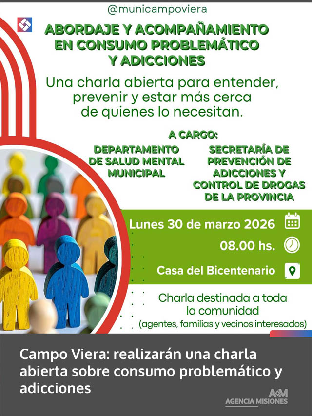 Campo Viera: realizarán una charla abierta sobre consumo problemático y adicciones