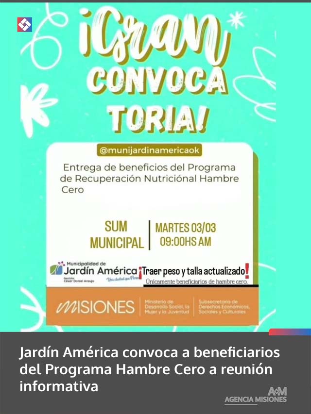 Jardín América convoca a beneficiarios del Programa Hambre Cero a reunión informativa