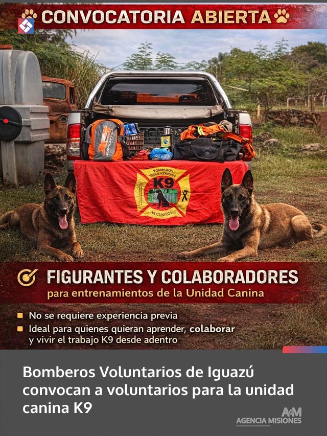 Bomberos Voluntarios de Iguazú convocan a voluntarios para la unidad canina K9