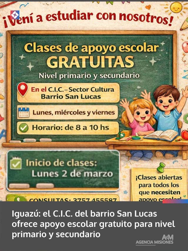 Iguazú: el C.I.C. del barrio San Lucas ofrece apoyo escolar gratuito para nivel primario y secundario