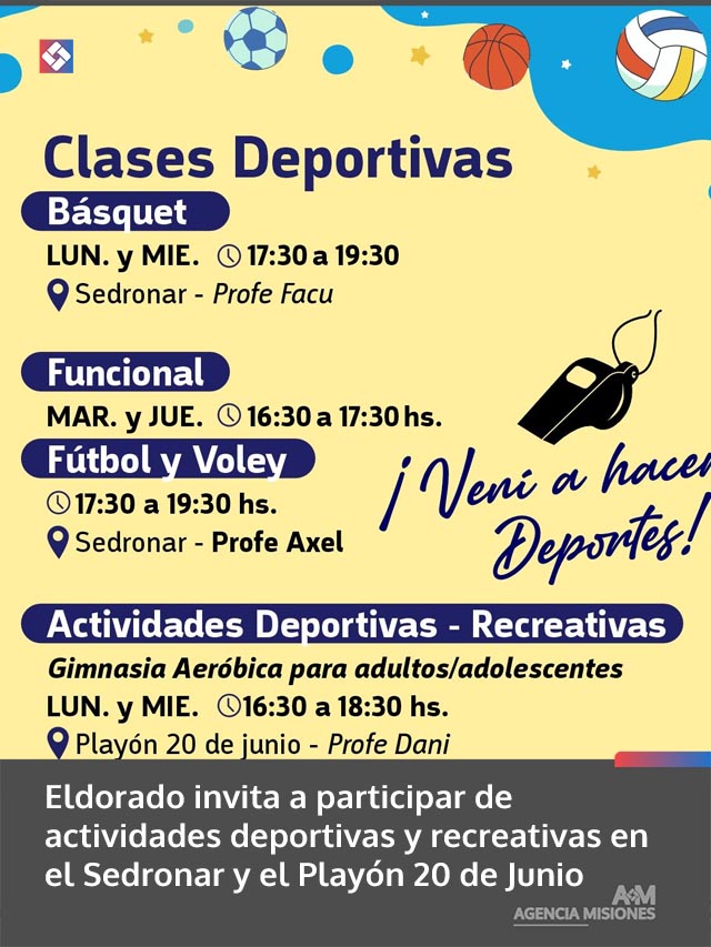 Eldorado invita a participar de actividades deportivas y recreativas en el Sedronar y el Playón 20 de Junio