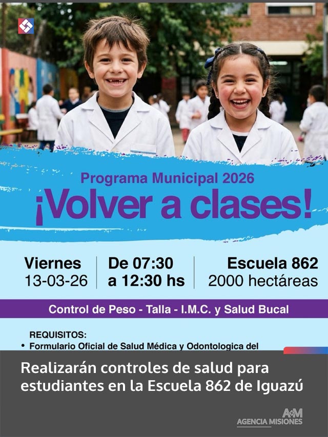 Realizarán controles de salud para estudiantes en la Escuela 862 de Iguazú