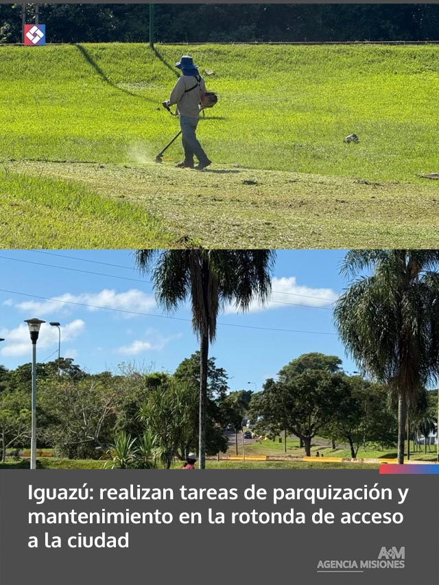Iguazú: realizan tareas de parquización y mantenimiento en la rotonda de acceso a la ciudad