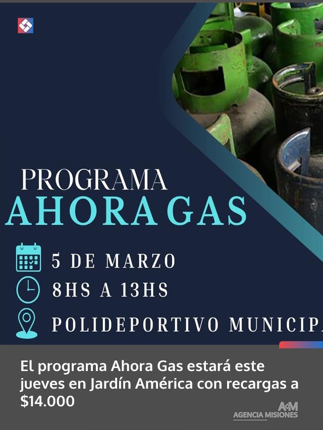 El programa Ahora Gas estará este jueves en Jardín América con recargas a .000