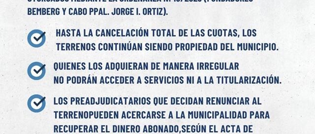 Puerto Libertad advierte que está prohibida la venta o transferencia de lotes municipales adjudicados