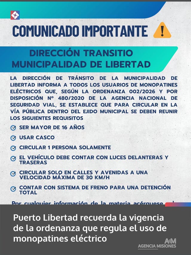 Puerto Libertad recuerda la vigencia de la ordenanza que regula el uso de monopatines eléctrico