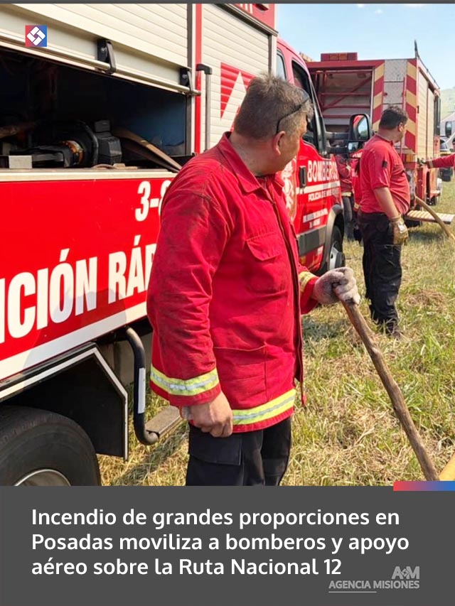 Incendio de grandes proporciones en Posadas moviliza a bomberos y apoyo aéreo sobre la Ruta Nacional 12