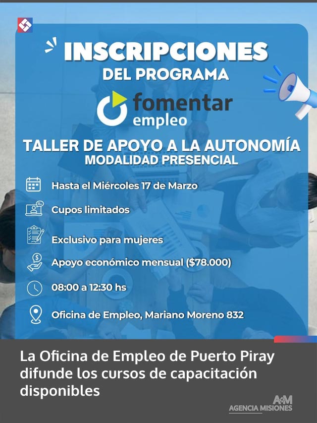 La Oficina de Empleo de Puerto Piray difunde los cursos de capacitación disponibles