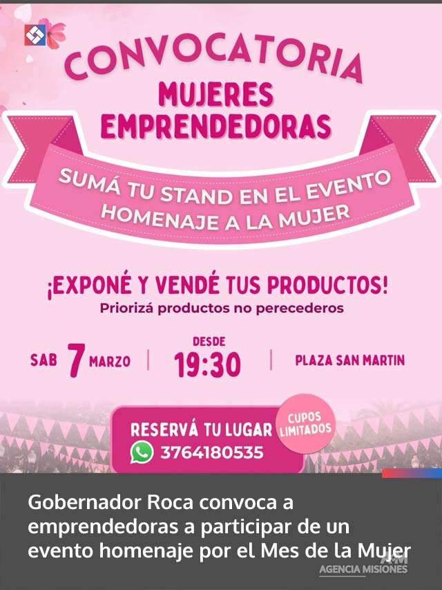 Gobernador Roca convoca a emprendedoras a participar de un evento homenaje por el Mes de la Mujer
