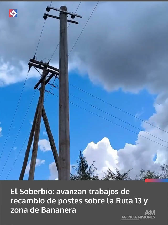 El Soberbio: avanzan trabajos de recambio de postes sobre la Ruta 13 y zona de Bananera