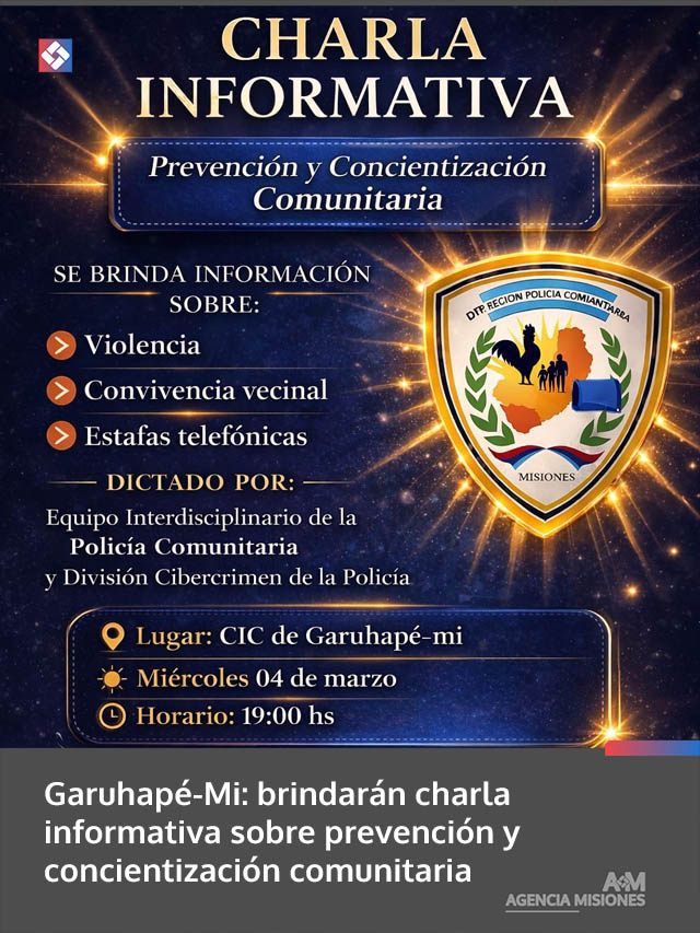 Garuhapé-Mi: brindarán charla informativa sobre prevención y concientización comunitaria