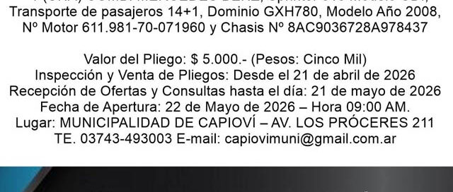 Capioví: el municipio lanza licitación pública para la venta de una unidad de transporte