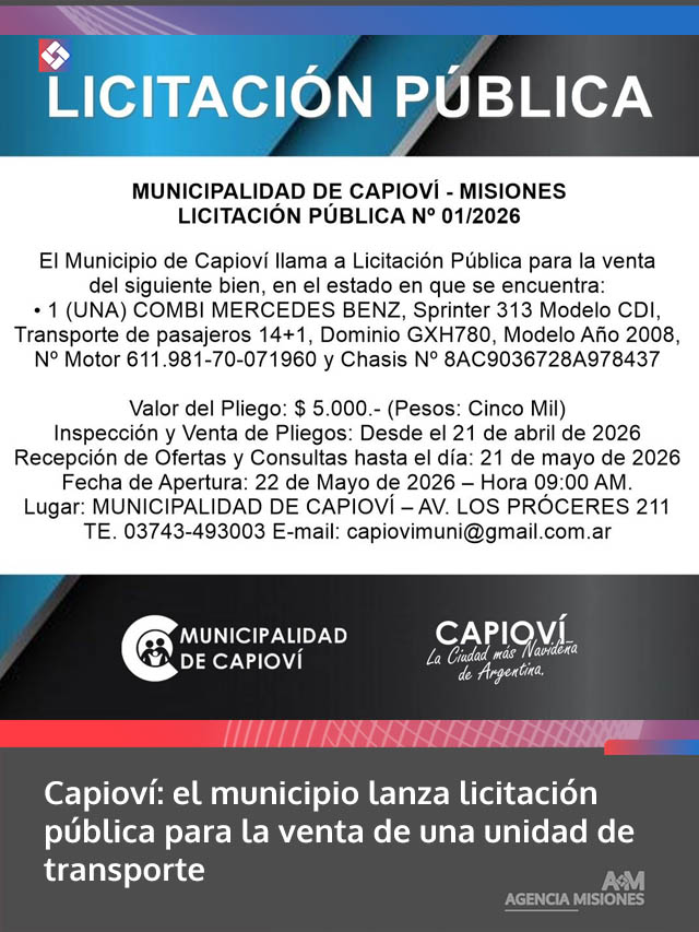 Capioví: el municipio lanza licitación pública para la venta de una unidad de transporte
