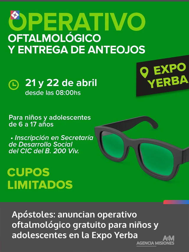 Apóstoles: anuncian operativo oftalmológico gratuito para niños y adolescentes en la Expo Yerba