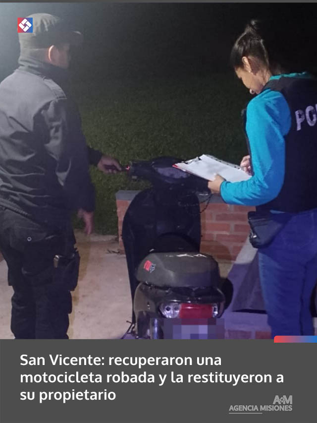 San Vicente: recuperaron una motocicleta robada y la restituyeron a su propietario