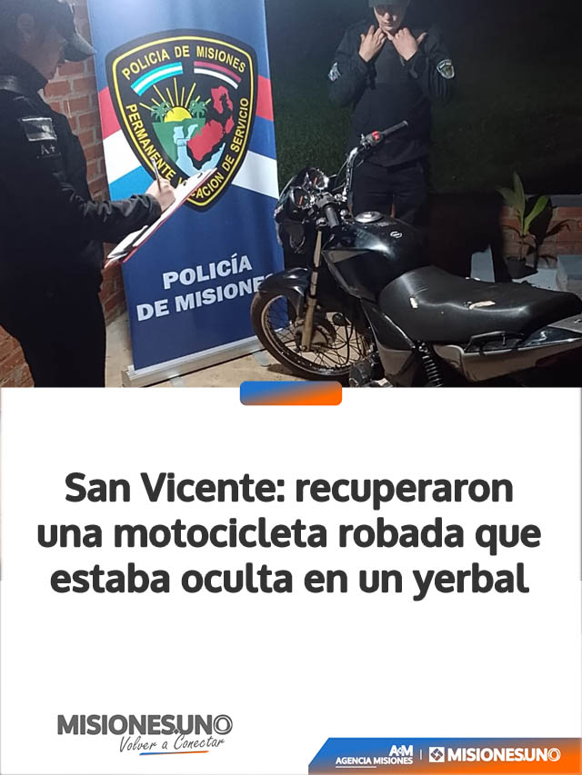 San Vicente: recuperaron una motocicleta robada que estaba oculta en un yerbal