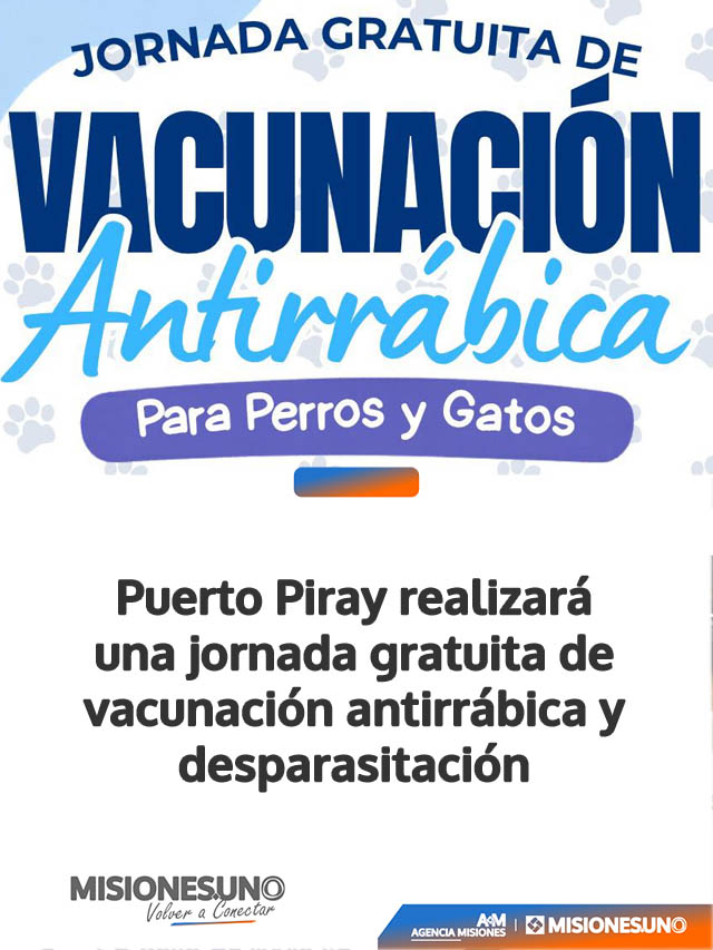 Puerto Piray realizará una jornada gratuita de vacunación antirrábica y desparasitación