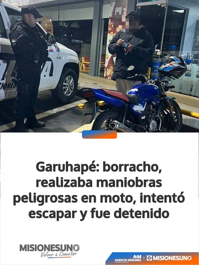 Garuhapé: borracho, realizaba maniobras peligrosas en moto, intentó escapar y fue detenido con más de 2 gramos de alcohol en sangre