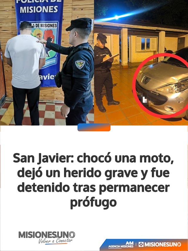San Javier: chocó una moto, dejó un herido grave y fue detenido tras permanecer prófugo